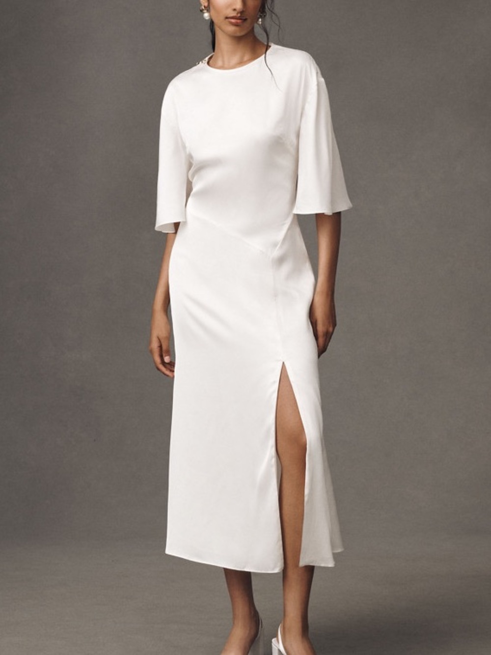 BHLDN Short-Sleeve Crew-Neck Side-Slit Satin Midi Dress size Large